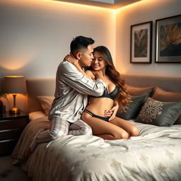 A Chinese man in comfortable pajamas lovingly hugging and kissing a beautiful, sexy woman in a tastefully designed bedroom