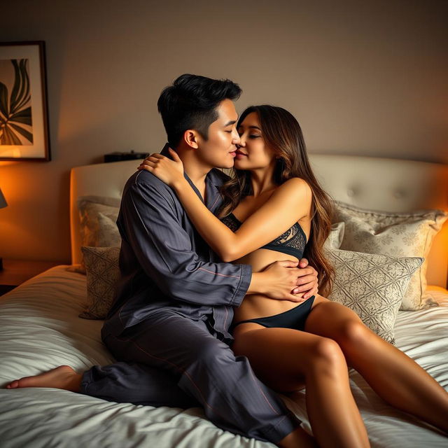 A Chinese man in comfortable pajamas lovingly hugging and kissing a beautiful, sexy woman in a tastefully designed bedroom