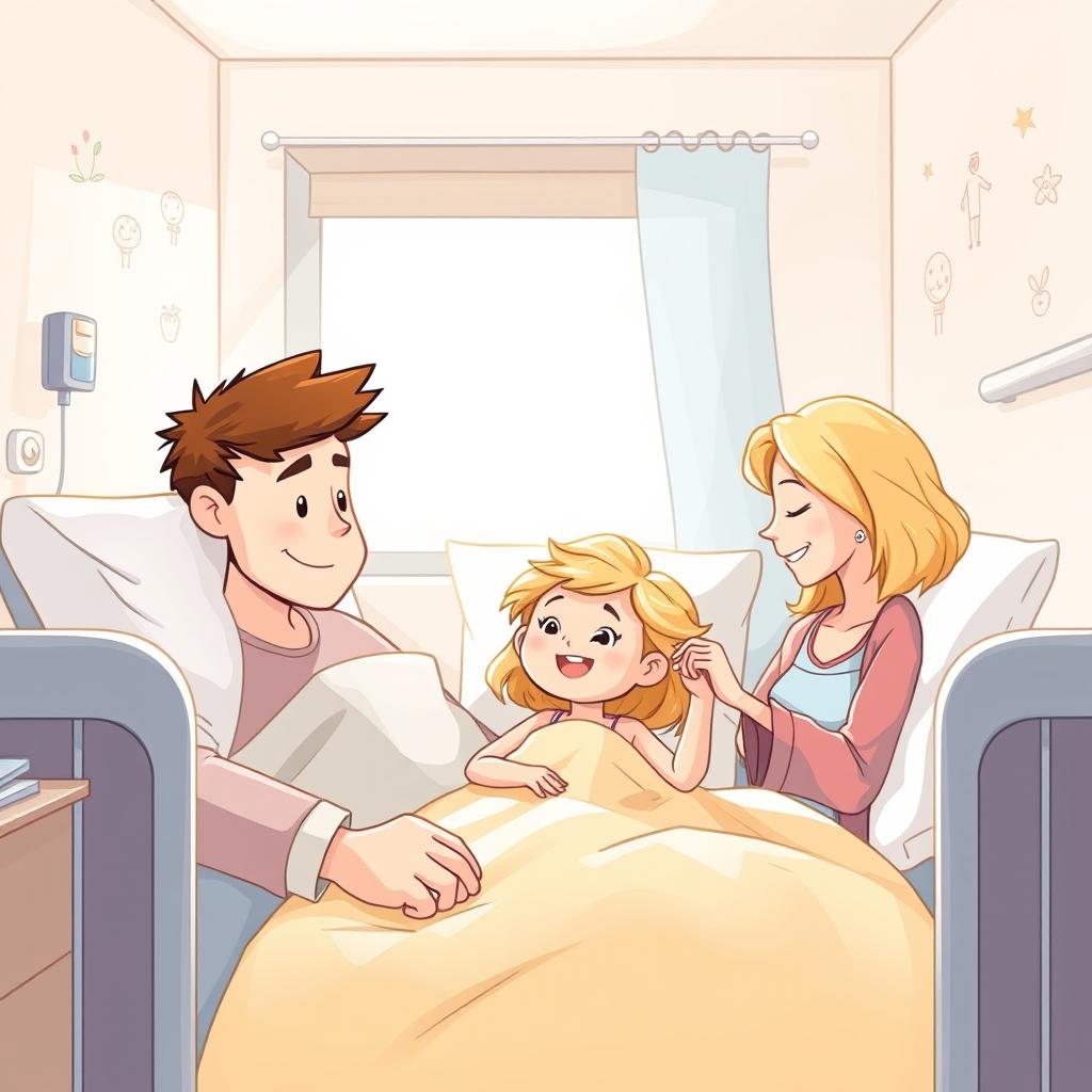 Une illustration d'une fillette de 7 ans diabétique aux cheveux blonds brillants, allongée dans son lit d'hôpital