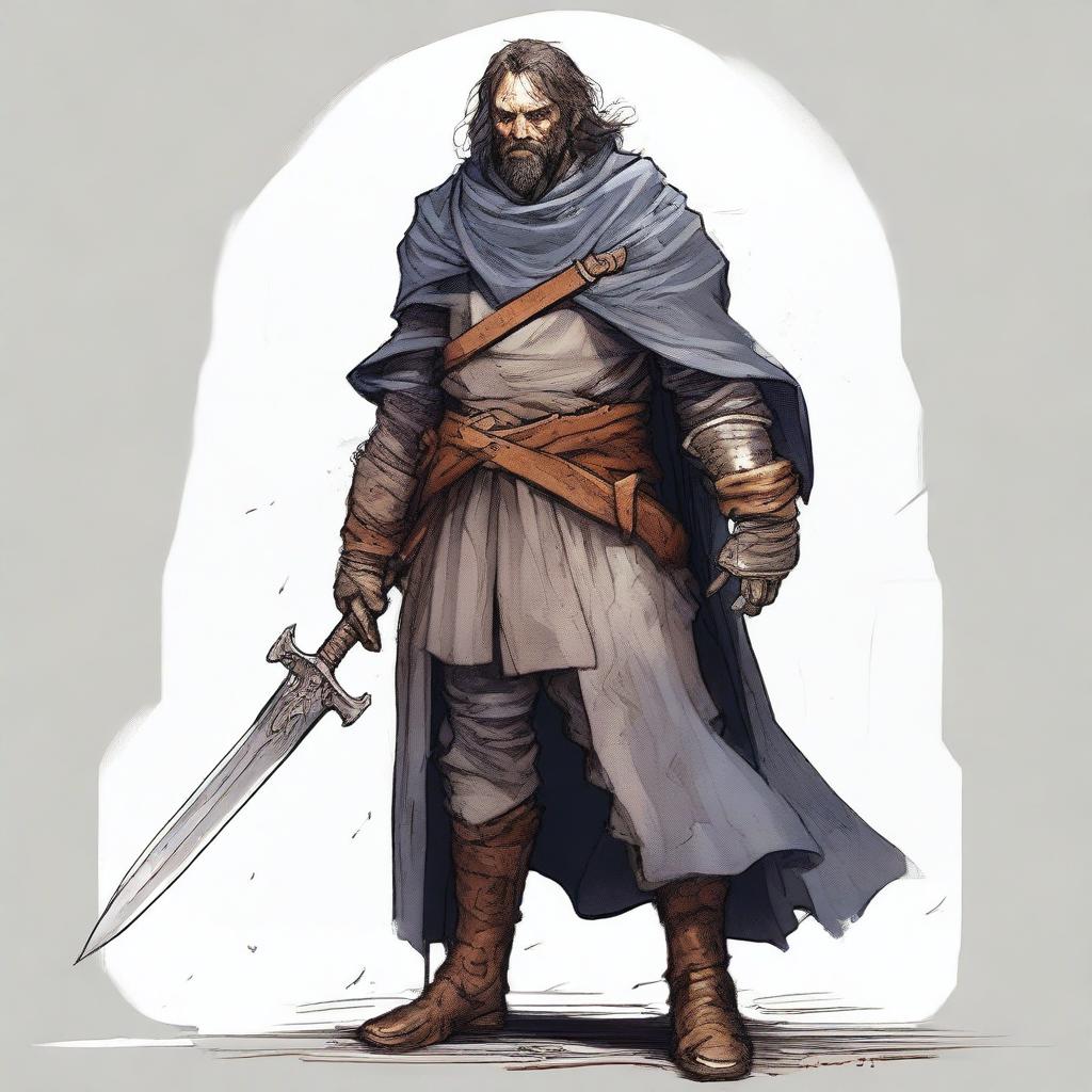 A high-quality illustration presents a scruffy, homeless knight from a fantasy world reminiscent of DnD