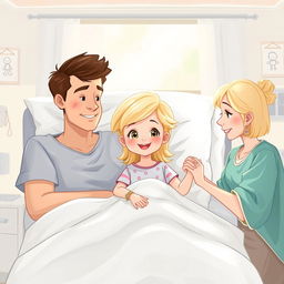 Une illustration d'une fillette de 7 ans diabétique aux cheveux blonds brillants, allongée dans son lit d'hôpital