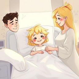 Une illustration d'une fillette de 7 ans diabétique aux cheveux blonds brillants, allongée dans son lit d'hôpital