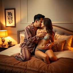 A Chinese man dressed in cozy pajamas tenderly hugging and kissing a beautiful, sexy woman in an elegantly decorated bedroom