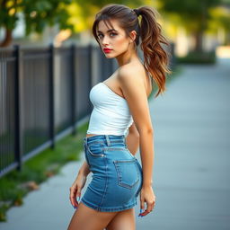 A 27-year-old Russian woman, standing outside, with thick, messy brunette hair in a ponytail