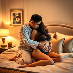 A Chinese man wearing cozy pajamas embraces and kisses a beautiful, sexy woman in a beautifully designed bedroom
