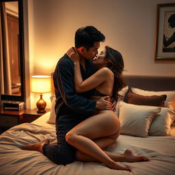 A Chinese man wearing comfortable pajamas passionately hugging and kissing a beautiful, sexy woman in a stylish, warmly lit bedroom