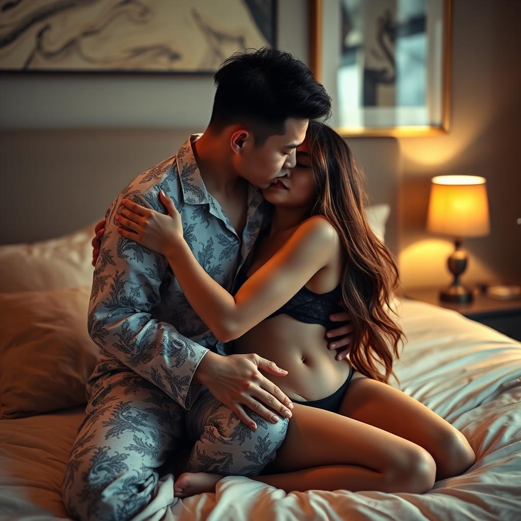 A Chinese man in comfortable, patterned pajamas lovingly embraces and kisses a beautiful, sexy woman in an elegantly decorated bedroom