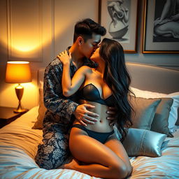 A Chinese man in comfortable, patterned pajamas lovingly embraces and kisses a beautiful, sexy woman in an elegantly decorated bedroom