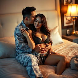 A Chinese man in comfortable, patterned pajamas lovingly embraces and kisses a beautiful, sexy woman in an elegantly decorated bedroom