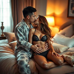 A Chinese man in cozy, patterned pajamas embracing and kissing a stunning, sexy woman in a beautifully decorated bedroom