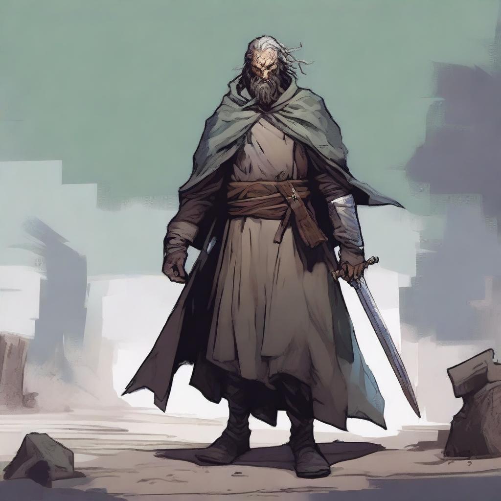 A high-quality illustration depicts a scruffy, homeless knight from a fantasy world reminiscent of DnD