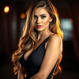 A glamorous portrait of a seductive woman in a stylish outfit, featuring a sultry expression and captivating gaze