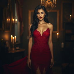 A seductive woman in an elegant flowing red dress with intricate lace details, standing in a dimly lit room filled with rich, vintage decor