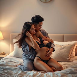 A Chinese man in stylish, soft pajamas gently hugging and kissing a beautiful, sexy woman in a cozy, elegantly decorated bedroom