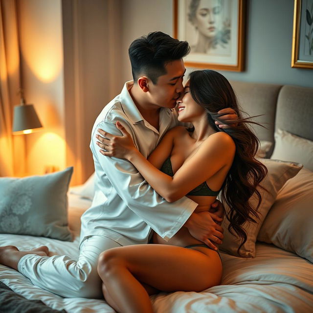 A Chinese man in stylish, soft pajamas gently hugging and kissing a beautiful, sexy woman in a cozy, elegantly decorated bedroom