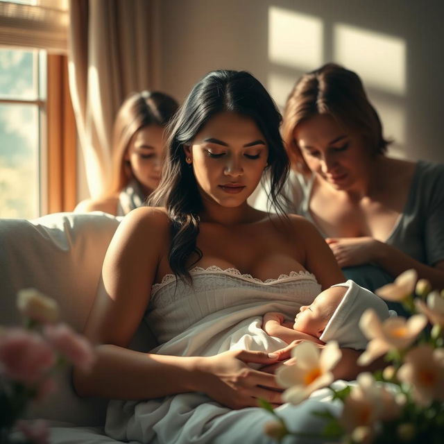 A serene scene depicting a woman in labor, in a cozy room, surrounded by supportive family members