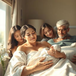 A serene scene depicting a woman in labor, in a cozy room, surrounded by supportive family members