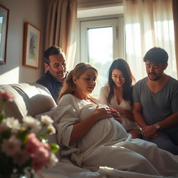 A serene scene depicting a woman in labor, in a cozy room, surrounded by supportive family members