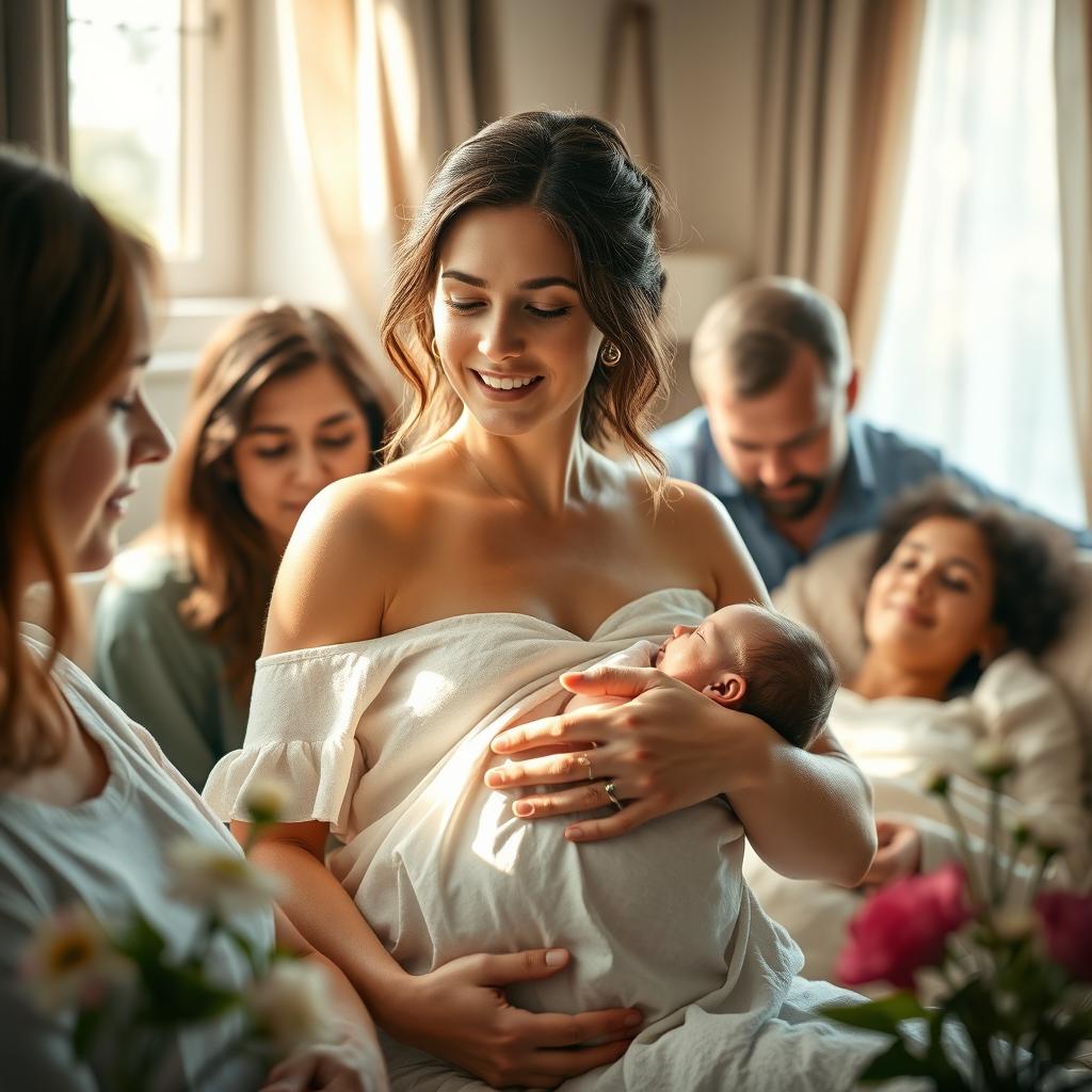 A serene scene depicting a woman in labor, in a cozy room, surrounded by supportive family members