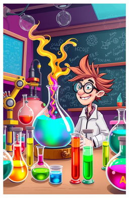 An animated scene depicting a quirky scientist in a colorful laboratory, surrounded by bubbling beakers and test tubes filled with vibrant liquids