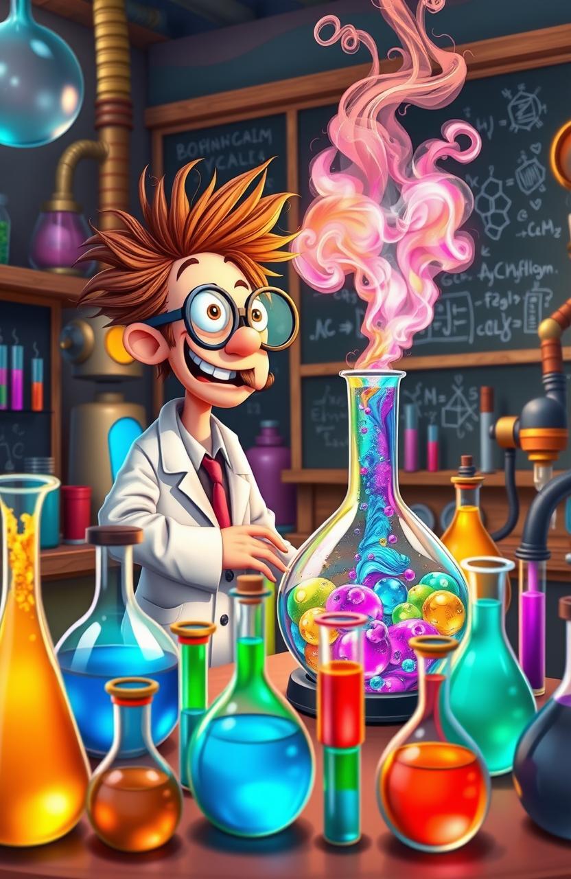 An animated scene depicting a quirky scientist in a colorful laboratory, surrounded by bubbling beakers and test tubes filled with vibrant liquids