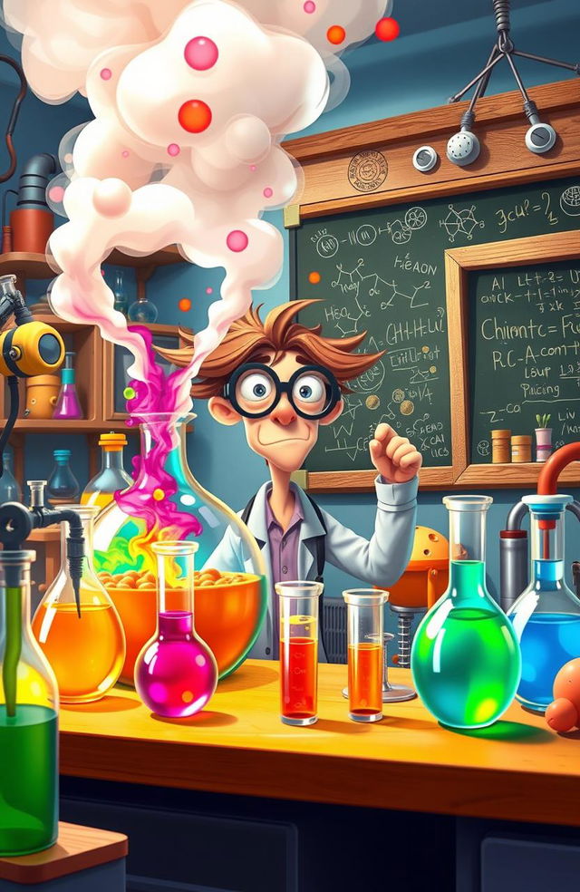 An animated scene depicting a quirky scientist in a colorful laboratory, surrounded by bubbling beakers and test tubes filled with vibrant liquids