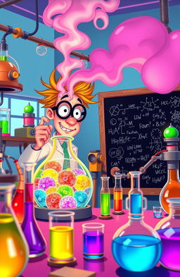 An animated scene depicting a quirky scientist in a colorful laboratory, surrounded by bubbling beakers and test tubes filled with vibrant liquids