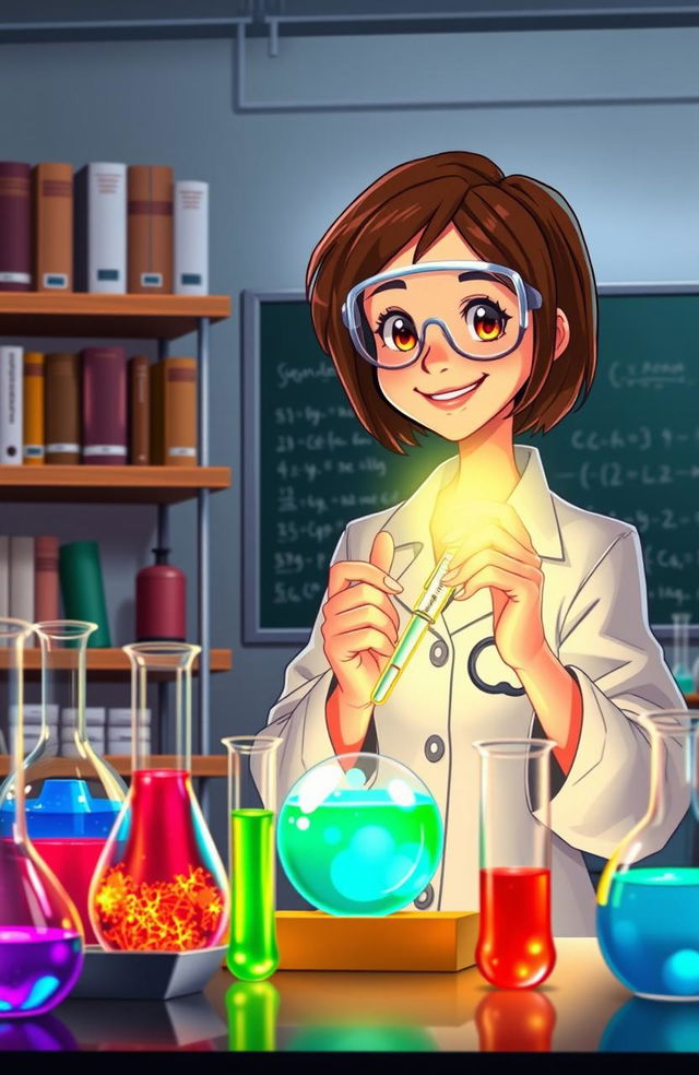 An animated female scientist, dressed in a white lab coat and safety goggles, intently conducting an exciting experiment in a modern laboratory