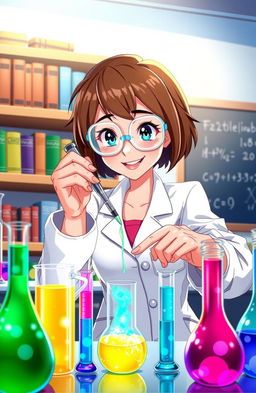 An animated female scientist, dressed in a white lab coat and safety goggles, intently conducting an exciting experiment in a modern laboratory