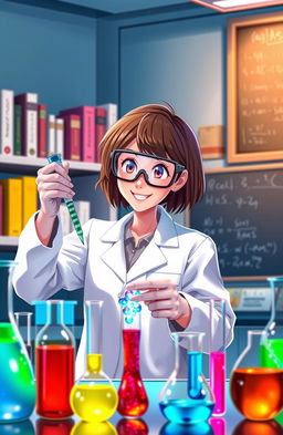An animated female scientist, dressed in a white lab coat and safety goggles, intently conducting an exciting experiment in a modern laboratory
