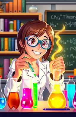 An animated female scientist, dressed in a white lab coat and safety goggles, intently conducting an exciting experiment in a modern laboratory
