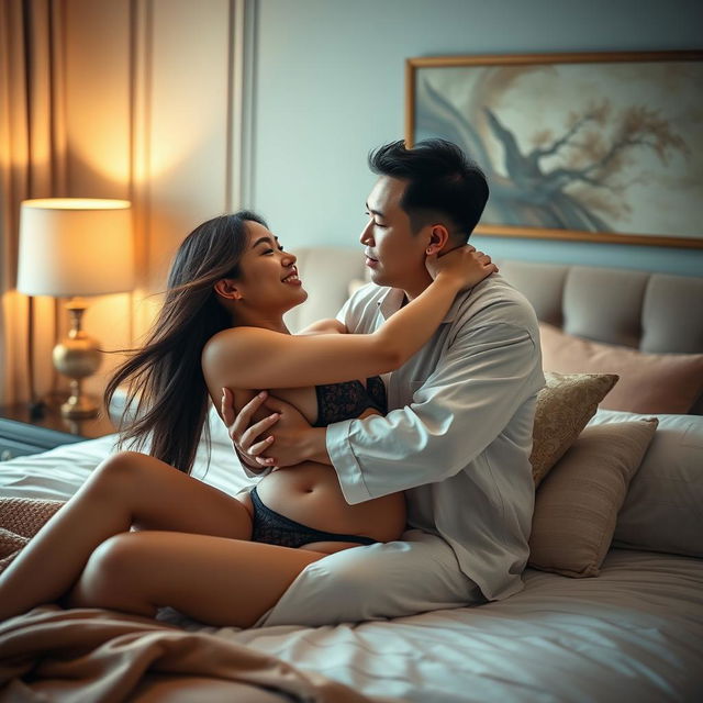 A Chinese man in comfortable, stylish pajamas tenderly hugging and kissing a beautiful, sexy woman in an elegantly decorated bedroom