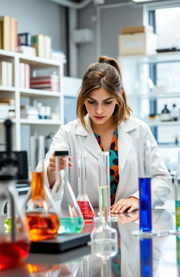 A female scientist in a modern laboratory setting, intensely focused on conducting an exciting experiment