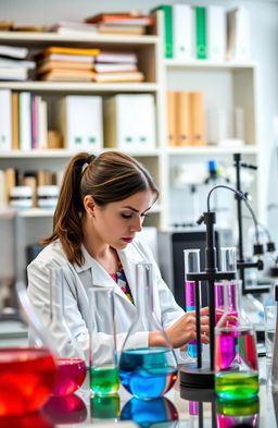 A female scientist in a modern laboratory setting, intensely focused on conducting an exciting experiment