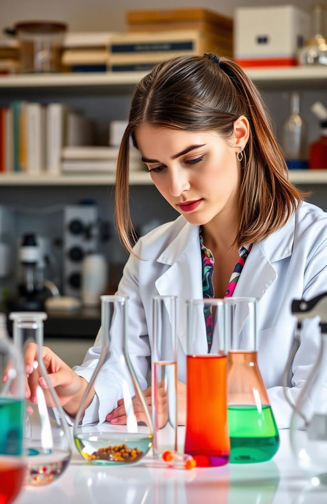 A female scientist in a modern laboratory setting, intensely focused on conducting an exciting experiment