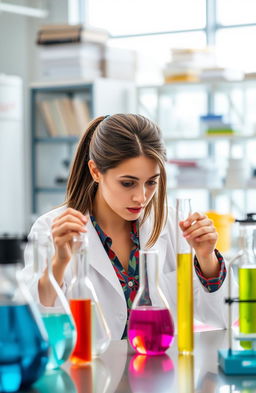 A female scientist in a modern laboratory setting, intensely focused on conducting an exciting experiment