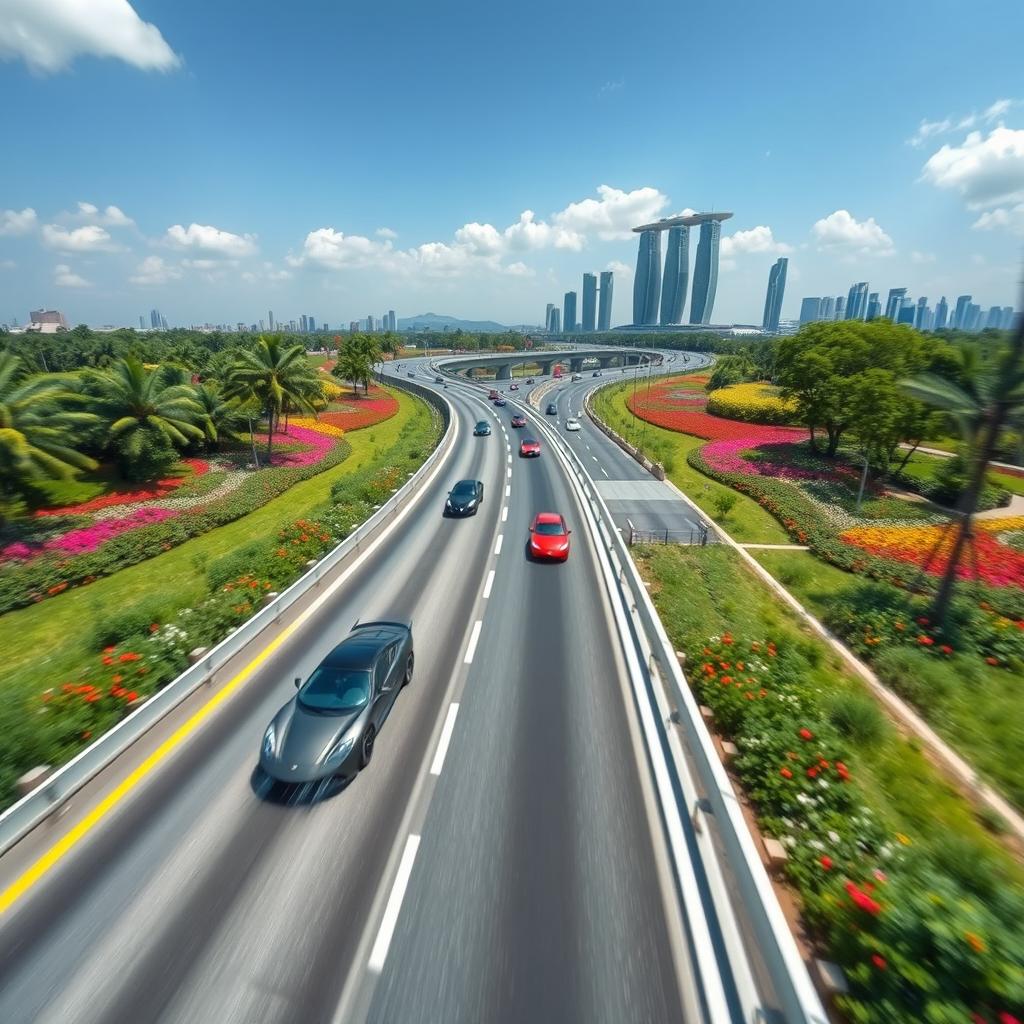 A stunning view of a modern expressway stretching through a vibrant landscape, featuring sleek cars zooming along the road