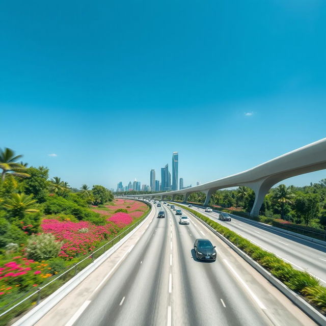 A stunning view of a modern expressway stretching through a vibrant landscape, featuring sleek cars zooming along the road