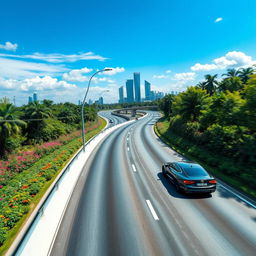 A stunning view of a modern expressway stretching through a vibrant landscape, featuring sleek cars zooming along the road