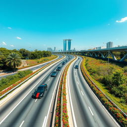 A stunning view of a modern expressway stretching through a vibrant landscape, featuring sleek cars zooming along the road