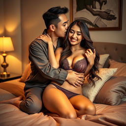 A Chinese man in cozy, stylish pajamas tenderly hugging and kissing a beautiful, sexy woman in a warm and inviting bedroom
