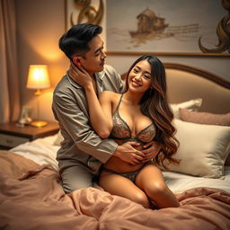 A Chinese man in cozy, stylish pajamas tenderly hugging and kissing a beautiful, sexy woman in a warm and inviting bedroom