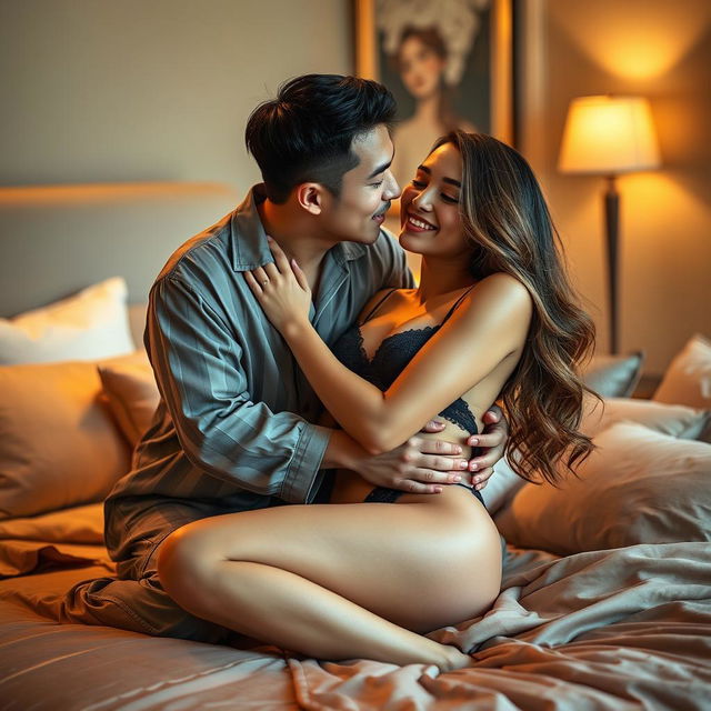 A Chinese man in cozy, stylish pajamas tenderly hugging and kissing a beautiful, sexy woman in a warm and inviting bedroom