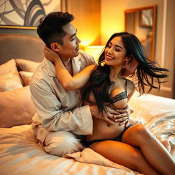 A Chinese man in cozy, stylish pajamas tenderly hugging and kissing a beautiful, sexy woman in a warm and inviting bedroom