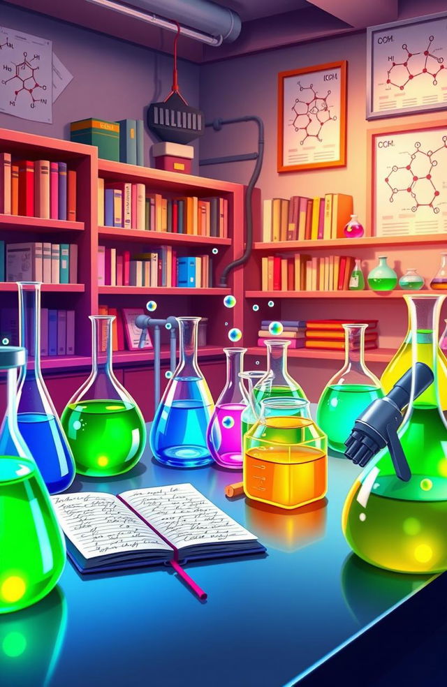 An animated scene of a vibrant science lab filled with colorful chemicals in beakers and flasks