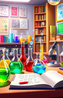 An animated scene of a vibrant science lab filled with colorful chemicals in beakers and flasks