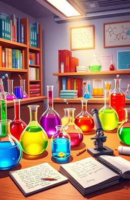 An animated scene of a vibrant science lab filled with colorful chemicals in beakers and flasks