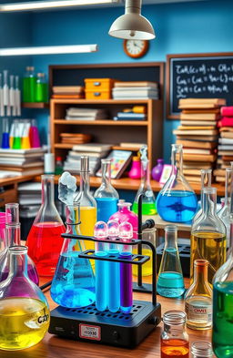 A vibrant science lab filled with various glassware and colorful chemicals