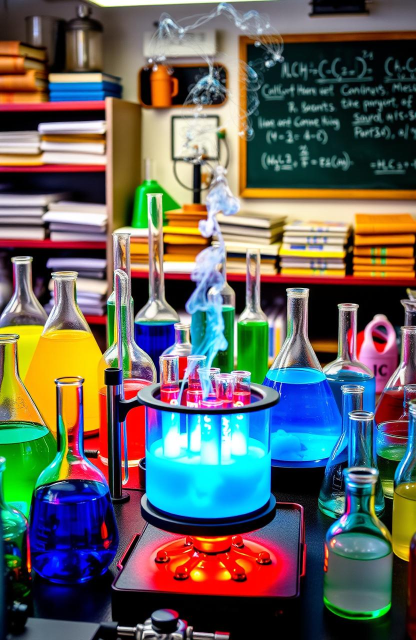 A vibrant science lab filled with various glassware and colorful chemicals