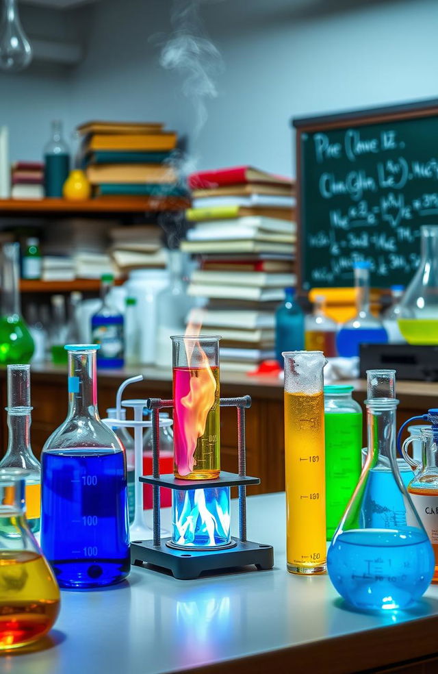 A vibrant science lab filled with various glassware and colorful chemicals